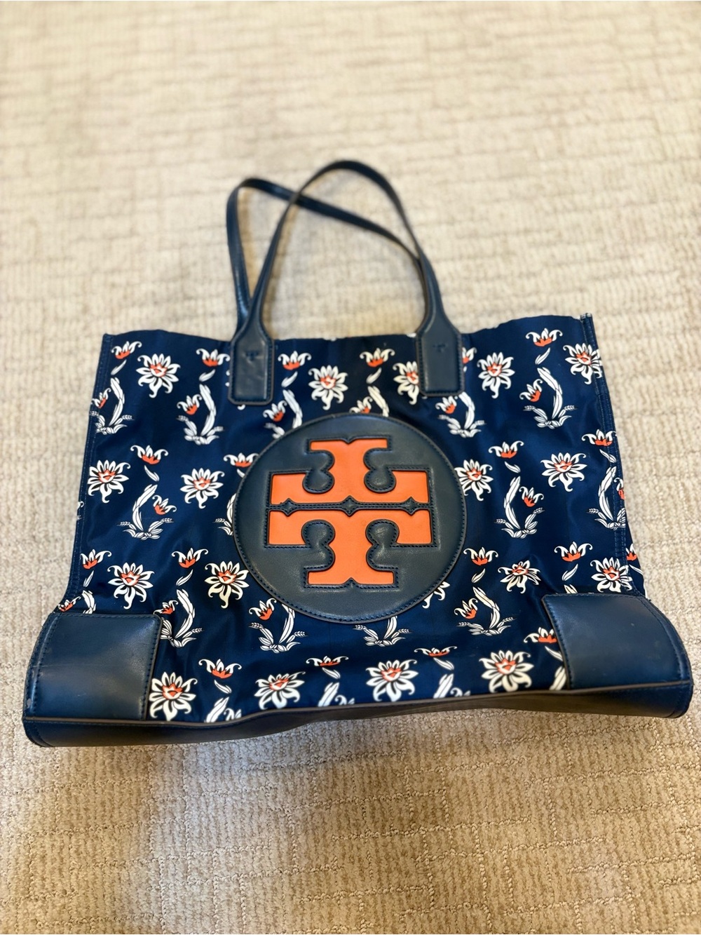 Tory Burch Navy Floral Tote with Orange Logo